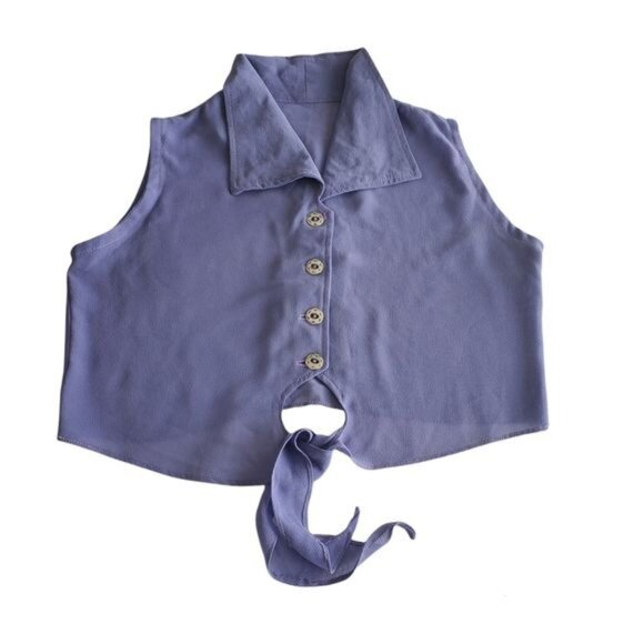 womens Crop Top purple blouse Sz Medium collared button front drawstring - Picture 1 of 7